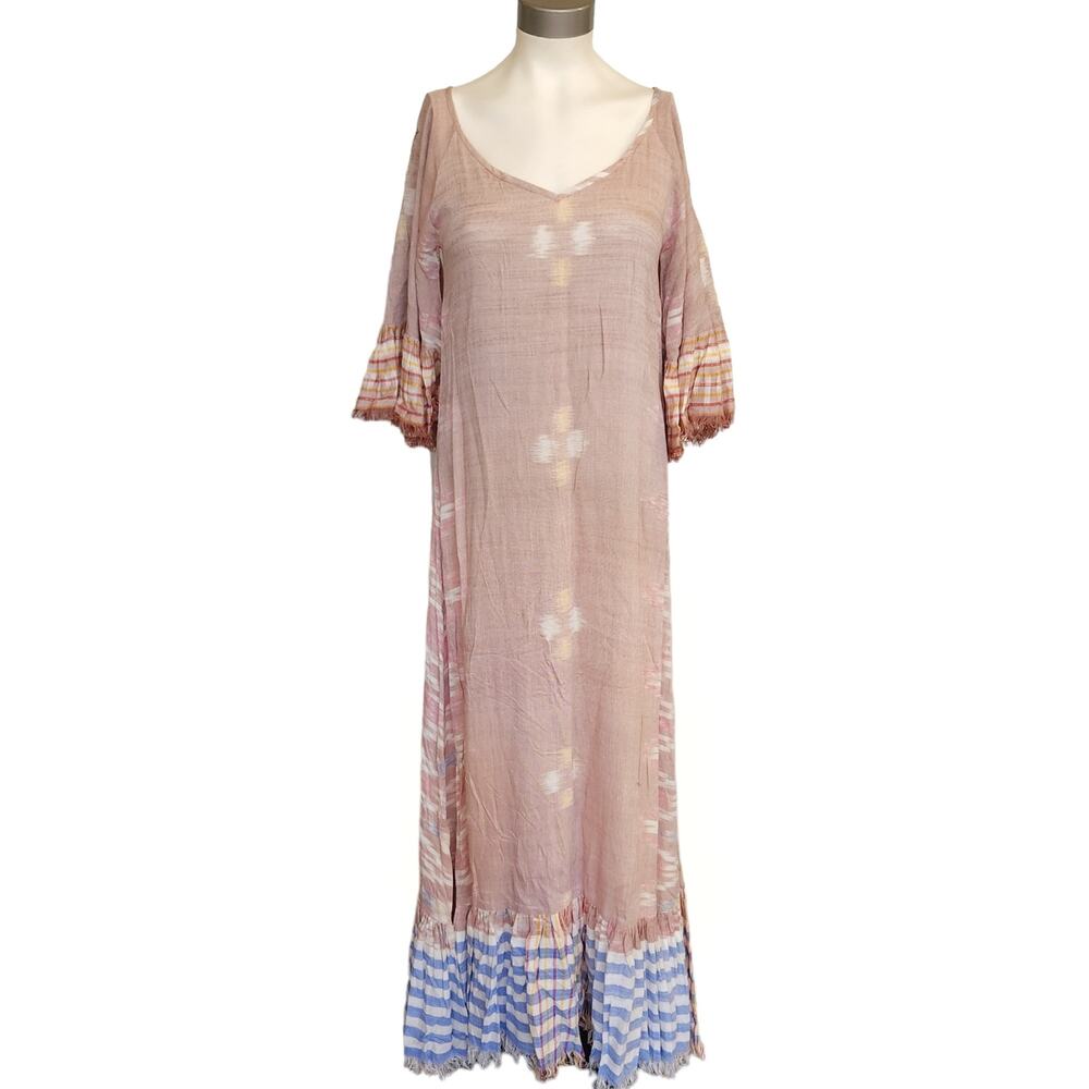 ERIKA PENA Tribal E Margarita Long Ikat maxi fringe ruffle dress in caffe XS NEW